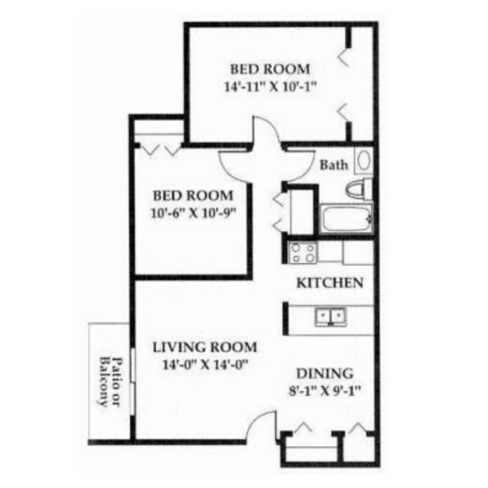 Floor plan for 2 beds, 1 bath, 805 sqft